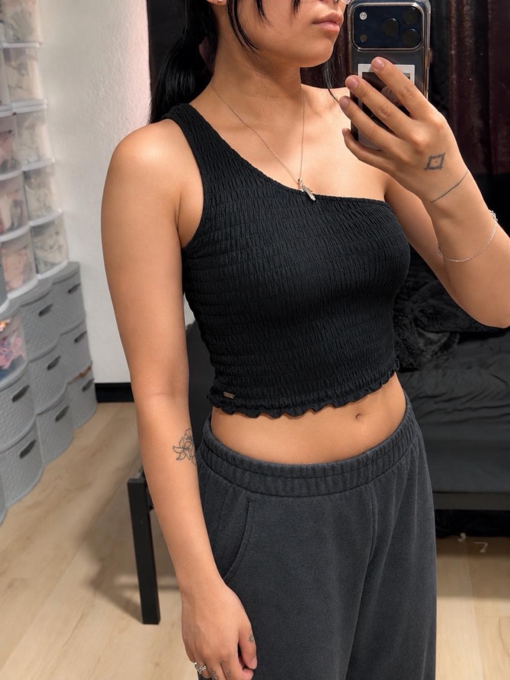 Hollister Black One Shoulder Smocked Crop Top Y2K Going Out Size XS